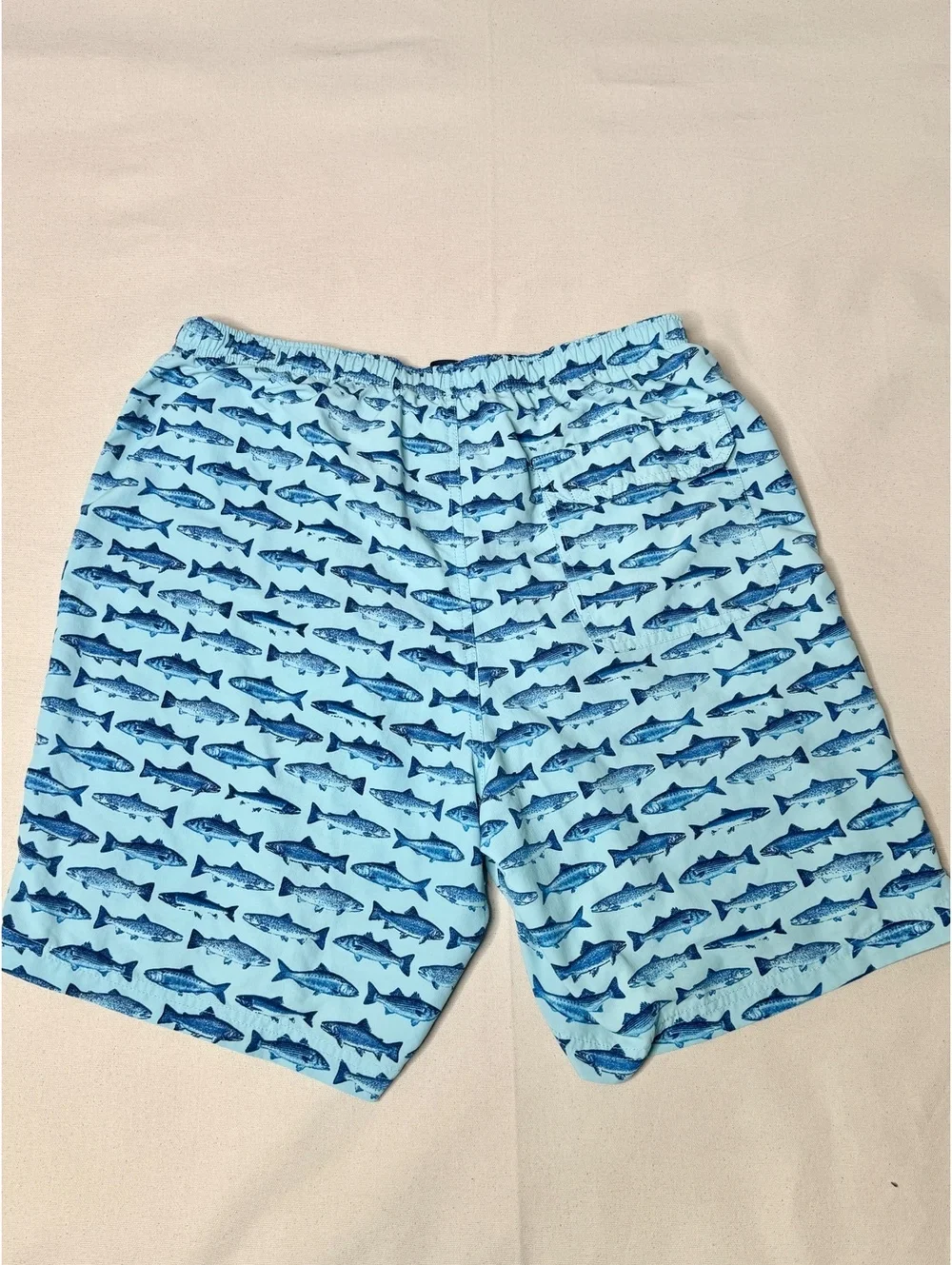L.L.Bean Men’s Large Fish Print Swim Trunks Blue Mesh Lined Drawstring